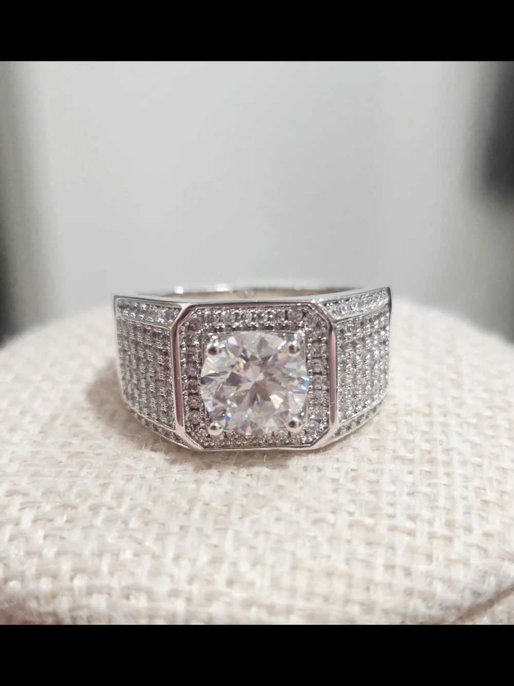 Pave Men's Statement Ring with Center Round Moissanite Stone